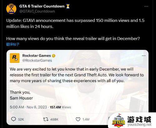 有多少人在等《GTA6》？R星《GTA6》公告浏览量突破1.5亿次